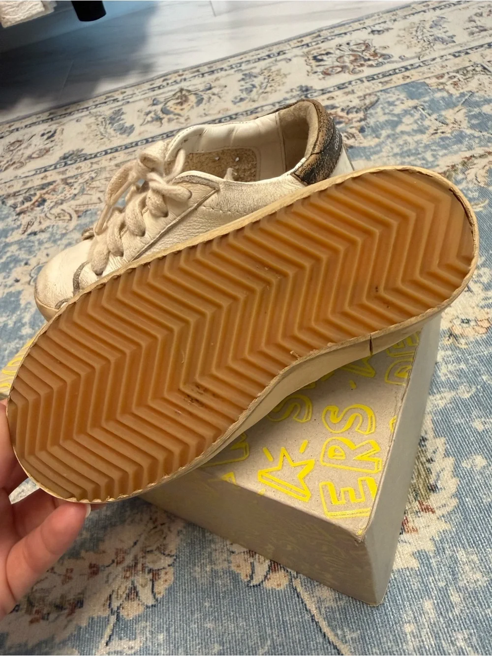 Golden Goose White Leather Sneaker with Navy Star and Cream Details